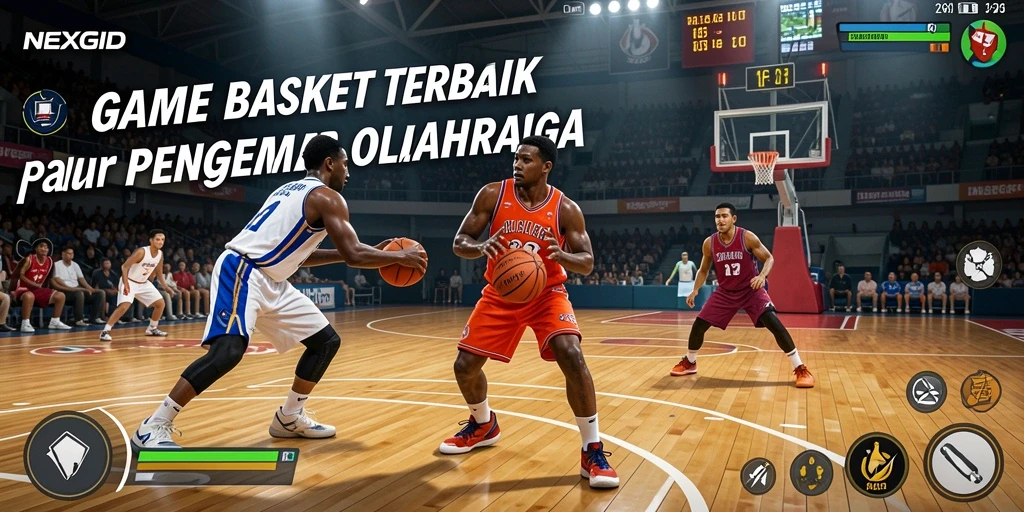 Tampilan antarmuka NEXGID dengan karakter pemain dan arena basket.